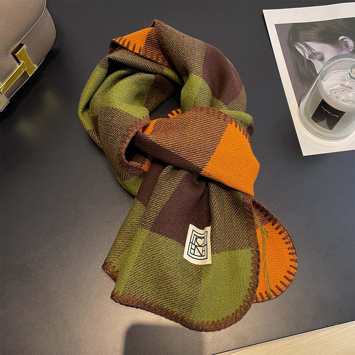 Whipstitch Plaid Winter Scarf - 45 * 190 CMS - FYR-179_COFFEEGREEN