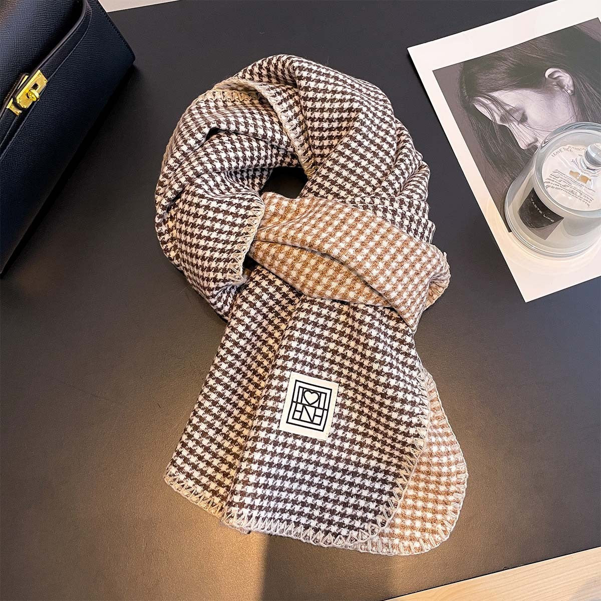 Whipstitch Houndstooth Winter Scarf - 45 * 190 CMS - FYR-181_KHAKI