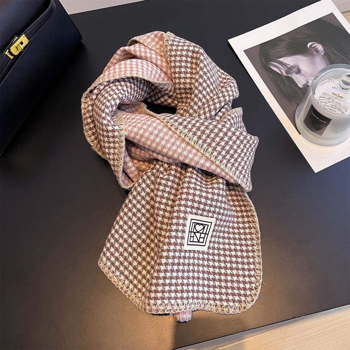 Whipstitch Houndstooth Winter Scarf - 45 * 190 CMS - FYR-181_PINK