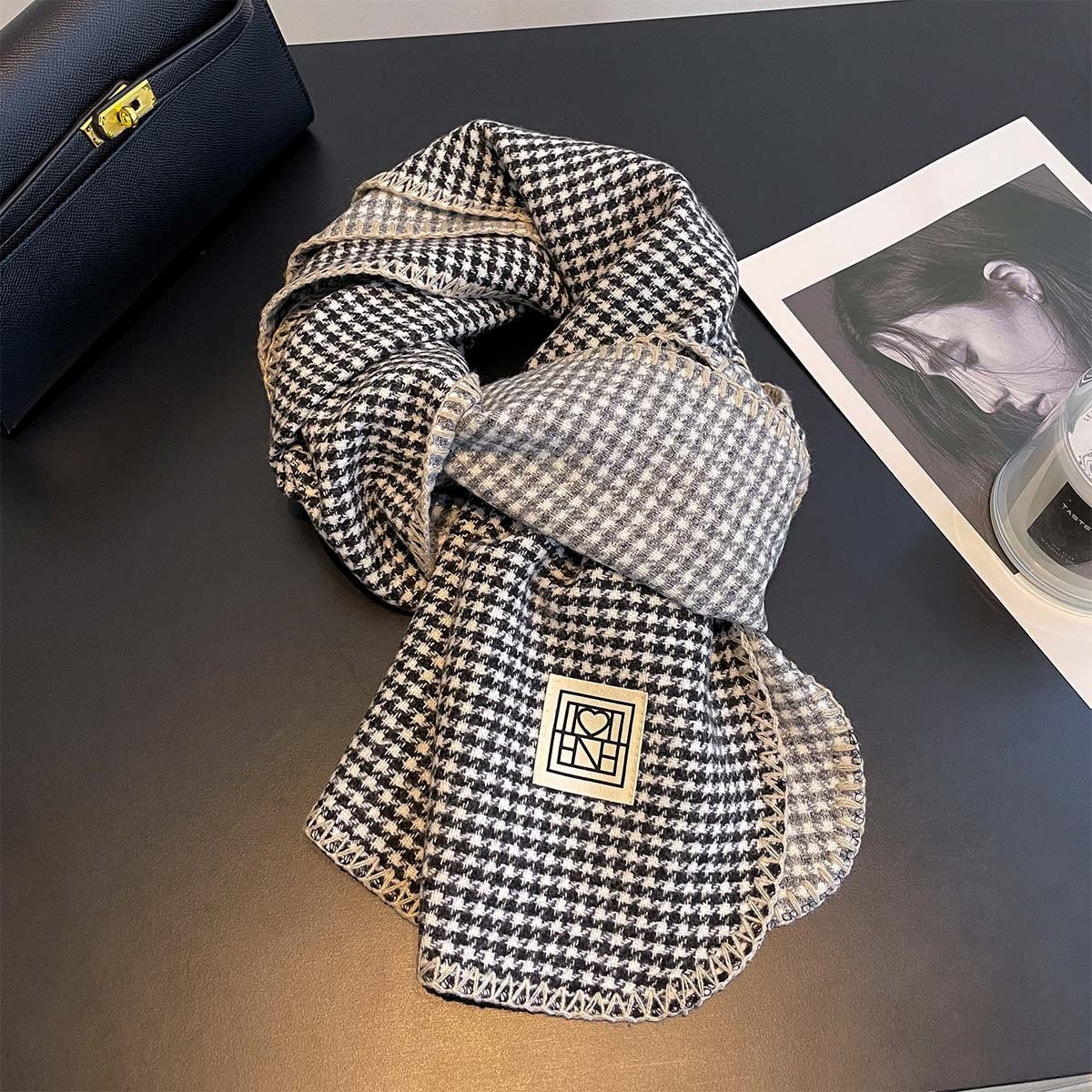 Whipstitch Houndstooth Winter Scarf - 45 * 190 CMS - FYR-181_BLACK