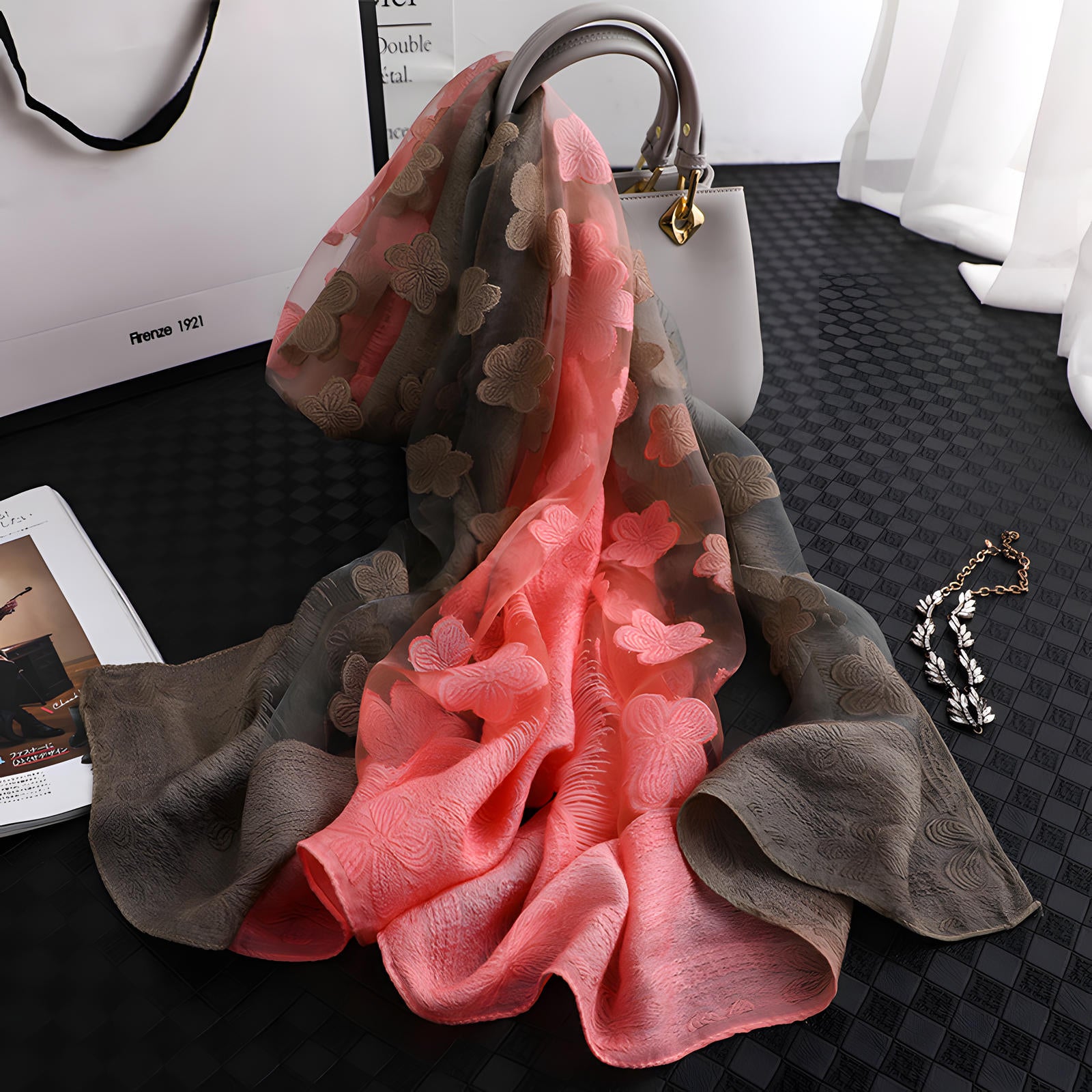 Luxury Lace Flocking Flower Scarf - 65*180 CMS